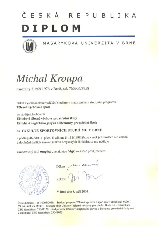 Diplom MUNI – Tělesná výchova a sport